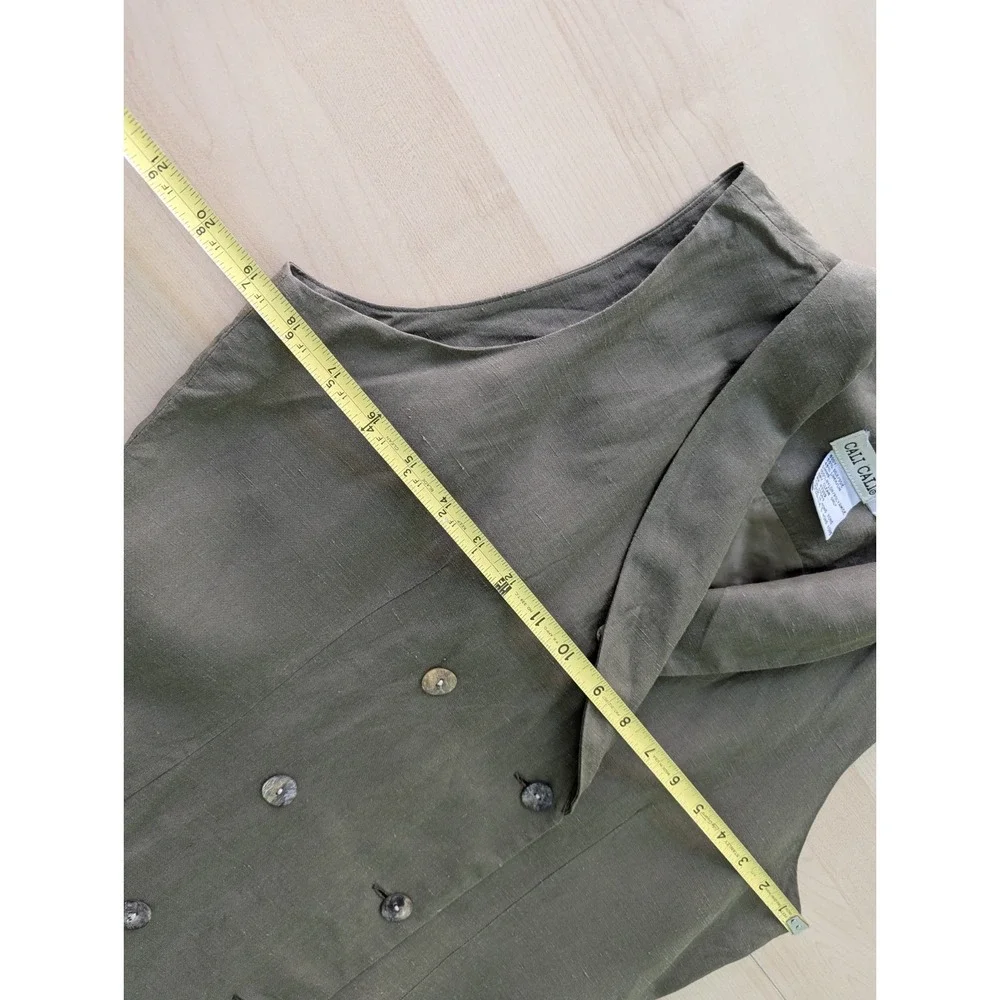 Vintage 90s Cali Cali Silk Linen Double Breasted Vest Dress Olive Green‎ Size 10